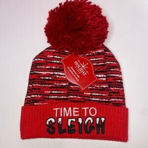 Women's Red Marled Sleigh Pom Pom Beanie Hat
